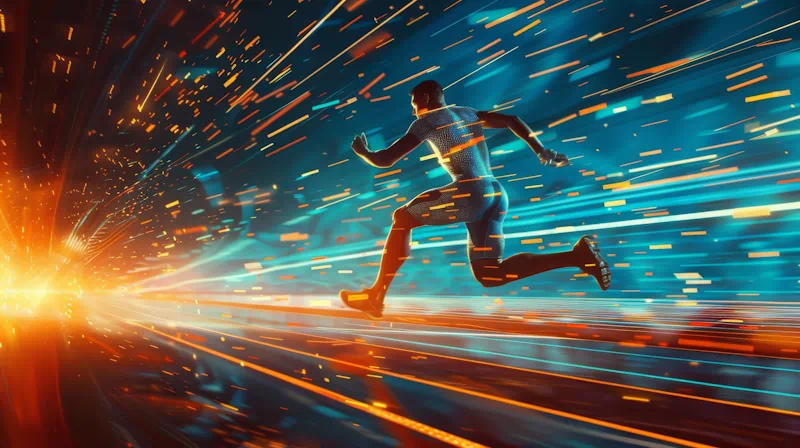 A futuristic scene shows a silhouette of a person running at high speed with vibrant, glowing trails of light in blue and orange around them, creating a dynamic sense of motion and energy. At the crux of the action, linear patterns in the background enhance the high-tech feel.