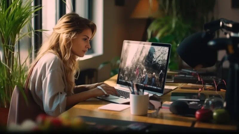 A woman with long blonde hair is working at a wooden desk with a laptop, holding a pen and appearing focused on the crux of her project. The workspace features potted plants, a coffee mug, and various office supplies. Sunlight streams in through tall windows in the background.