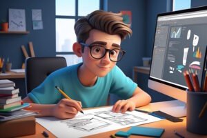 A young man with glasses and brown hair is sitting at a desk sketching on paper. Surrounded by books, pencils, and a computer displaying charts and designs, he seems to be focusing on the crux of his project. The background features a window and various papers pinned to the wall.