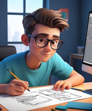 A young man with glasses and brown hair is sitting at a desk sketching on paper. Surrounded by books, pencils, and a computer displaying charts and designs, he seems to be focusing on the crux of his project. The background features a window and various papers pinned to the wall.