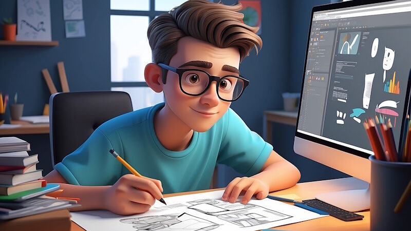 A young man with glasses and brown hair is sitting at a desk sketching on paper. Surrounded by books, pencils, and a computer displaying charts and designs, he seems to be focusing on the crux of his project. The background features a window and various papers pinned to the wall.