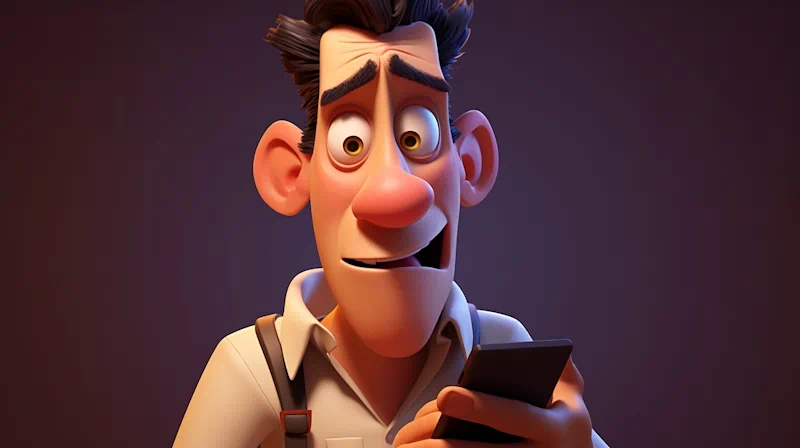 A 3D animated character with exaggerated features, including large ears and a prominent nose, holds a smartphone with a slightly concerned expression. At the crux of his look are his dark, tousled hair and white shirt with suspenders, set against a plain, dark background.