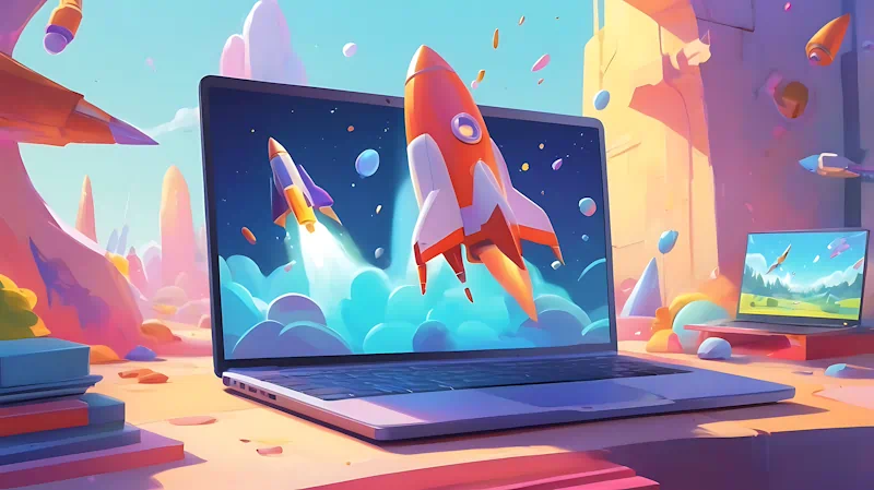 A colorful, futuristic illustration featuring a laptop on a desk with a vibrant rocket launch scene—a true crux of innovation—displayed on its screen. Another laptop with a serene mountain scene is in the background. Books and office supplies are scattered around, amidst abstract scenery.