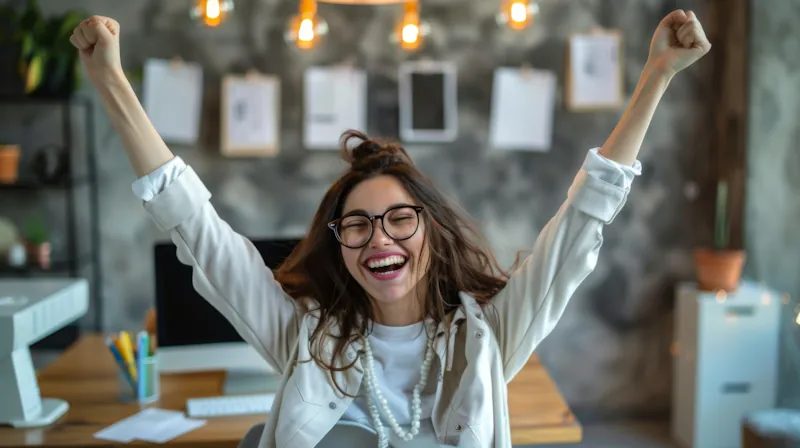 A woman with long brown hair, glasses, and a white outfit stands in an office with her arms raised in celebration. She is smiling widely. The crux of the scene is her joy, set against the background of hanging lightbulbs and a desk with office supplies.