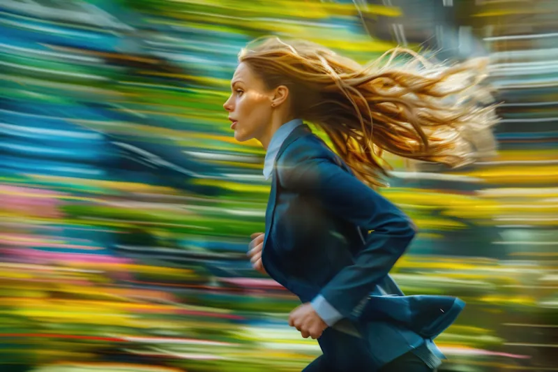 A woman with long, flowing hair is running swiftly in a blue suit, the crux of her dynamic movement beautifully captured against a colorful, motion-blurred background of yellow and green.