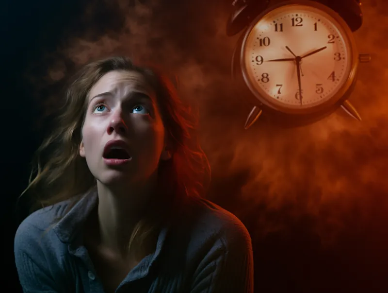 A woman with a distressed expression looks upward, illuminated by a warm, eerie light. Behind her, a large, old-fashioned alarm clock shows the time as a few minutes after 9. The background is dark with swirling, smoky shadows, intensifying the crux of the eerie atmosphere.