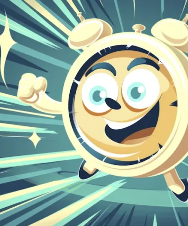 A colorful animated illustration of an enthusiastic alarm clock with arms, legs, and a face, running energetically with a wide smile. Dynamic lines and sparkles surround the clock, enhancing the sense of speed and excitement—much like optimizing your page speed for lightning-fast performance.