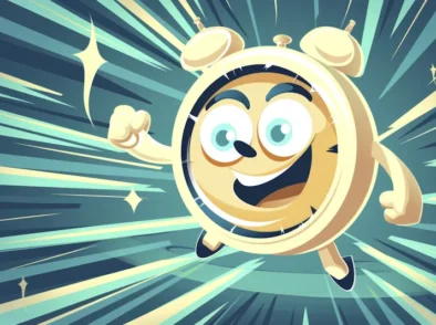 A colorful animated illustration of an enthusiastic alarm clock with arms, legs, and a face, running energetically with a wide smile. Dynamic lines and sparkles surround the clock, enhancing the sense of speed and excitement—much like optimizing your page speed for lightning-fast performance.