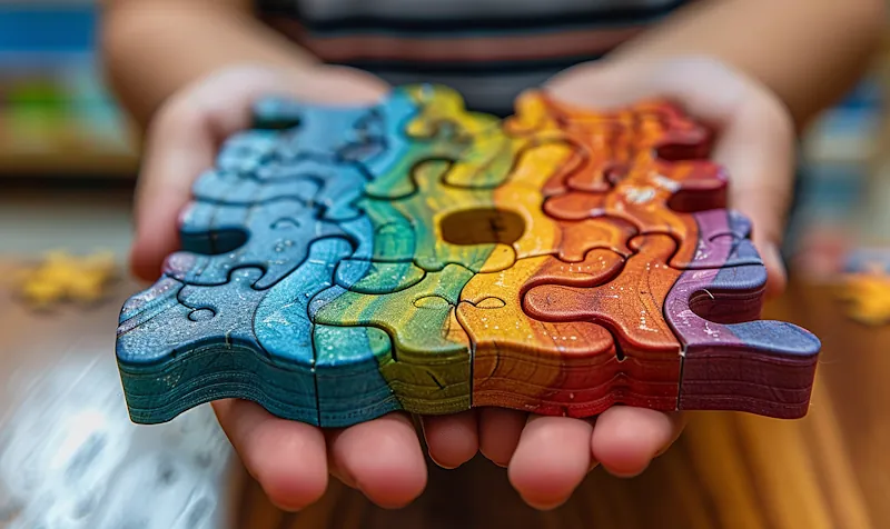 Hands are holding a completed wooden puzzle, the crux of its design lies in interlocking pieces forming an irregular square. The pieces are painted in a gradient from blue to red, creating a mesmerizing rainbow effect. The background is slightly blurred, focusing attention on the captivating puzzle.