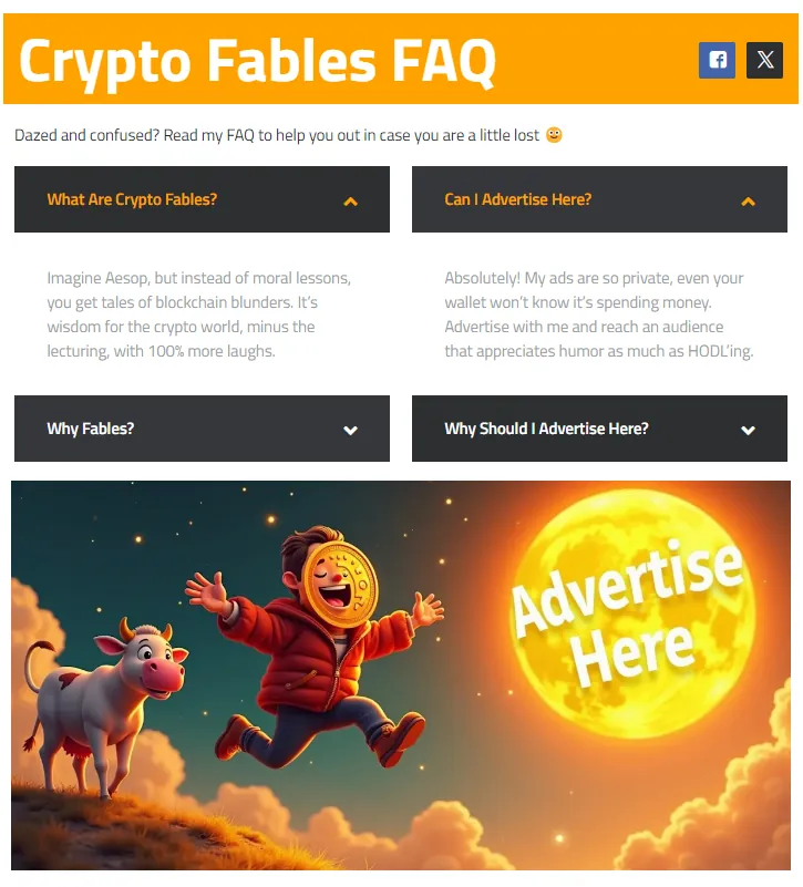 Screenshot of a webpage titled "Crypto Fables FAQ". Contains two FAQs: "What Are Crypto Fables?" and "Can I Advertise Here?". Below is an image of a character with the face of a crypto coin, flying on a magical book towards a large illuminated coin that says "Advertise Here in Crypto Fables.