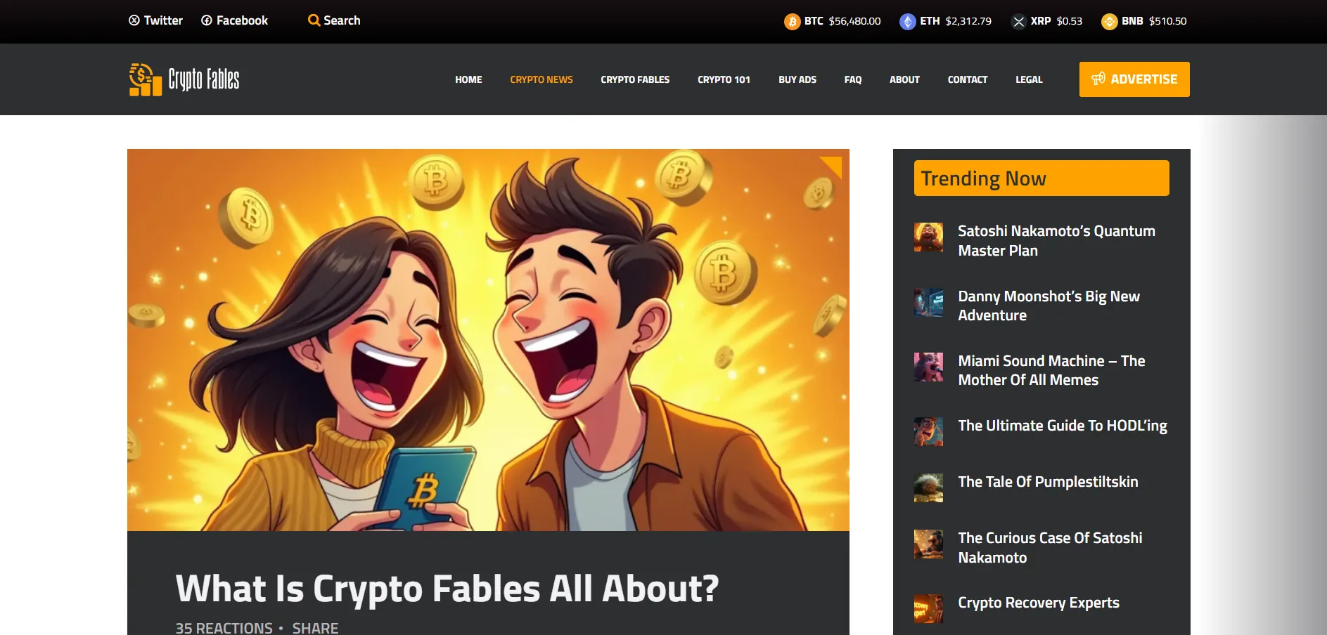 A website homepage of Crypto Fables features an article titled 'What Is Crypto Fables All About?' The image depicts a cheerful cartoon of two characters laughing with Bitcoin logos. A 'Trending Now' section lists popular articles on the side, showcasing the latest buzz in the world of Crypto Fables.