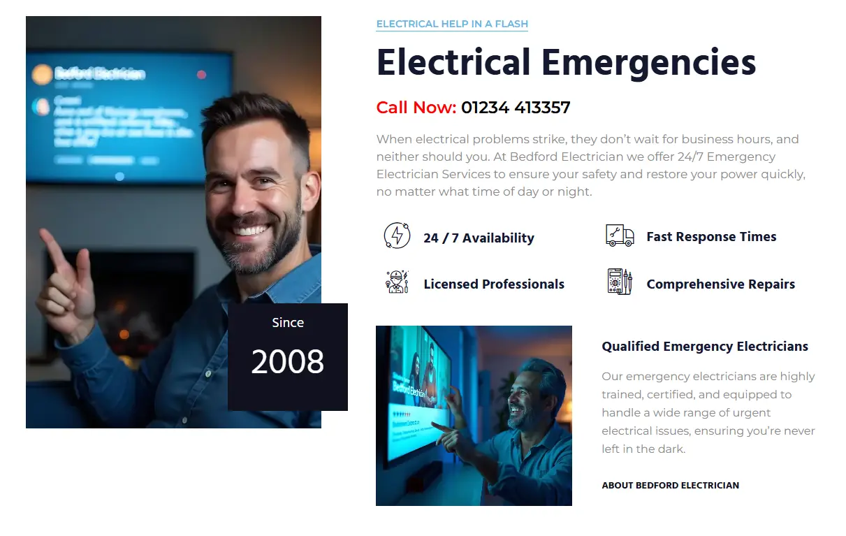 A smiling Bedford Electrician gives a thumbs-up. Text promotes 24/7 emergency electrical services, including fast response, licensed professionals, and comprehensive repairs. Call now: 01234 413357. Badge reads “Since 2008.”.