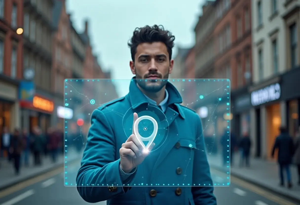 A man in a teal coat stands on a city street, touching a transparent digital screen with a location pin icon, suggesting augmented reality or navigation technology and seamless Access SEO tools in an urban environment.