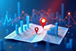 A map with location pins and 3D bar graphs, representing geographic data analytics. Blurred charts and glowing data points hint at Access SEO insights, suggesting statistical analysis and advanced digital mapping.