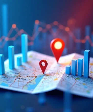 A map with location pins and 3D bar graphs, representing geographic data analytics. Blurred charts and glowing data points hint at Access SEO insights, suggesting statistical analysis and advanced digital mapping.