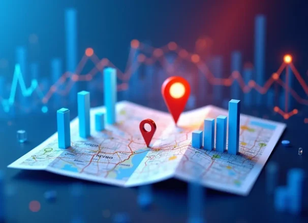 A map with location pins and 3D bar graphs, representing geographic data analytics. Blurred charts and glowing data points hint at Access SEO insights, suggesting statistical analysis and advanced digital mapping.