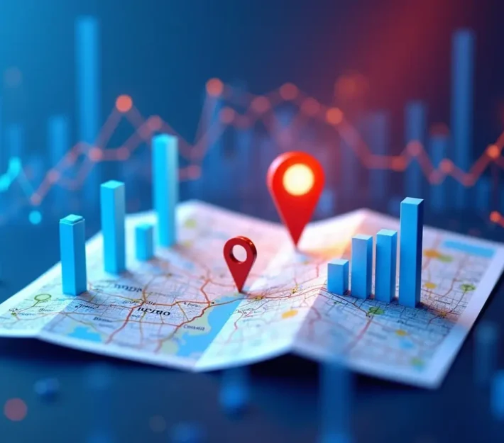 A map with location pins and 3D bar graphs, representing geographic data analytics. Blurred charts and glowing data points hint at Access SEO insights, suggesting statistical analysis and advanced digital mapping.