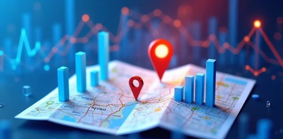 A map with location pins and 3D bar graphs, representing geographic data analytics. Blurred charts and glowing data points hint at Access SEO insights, suggesting statistical analysis and advanced digital mapping.
