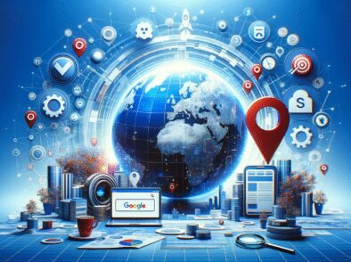 An artistic representation of global connectivity featuring a globe surrounded by digital icons, geographical markers, and technology-related elements that symbolize the impact of the internet and data in our modern world.