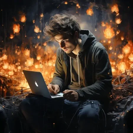 A person with tousled hair sits in a dark room, intensely focused on a laptop. Wearing casual clothes and a hoodie, they are surrounded by a mix of glowing, fiery lights and tangled wires, giving the scene a dramatic, cyberpunk-like atmosphere—like those you'd find on envy-inducing websites.